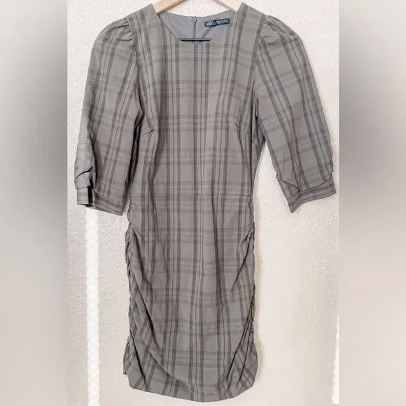 ZARA Bodycon Khaki green Plaid Long Sleeve Mini Dress Sz Small 181/009 - Picture 2 of 8